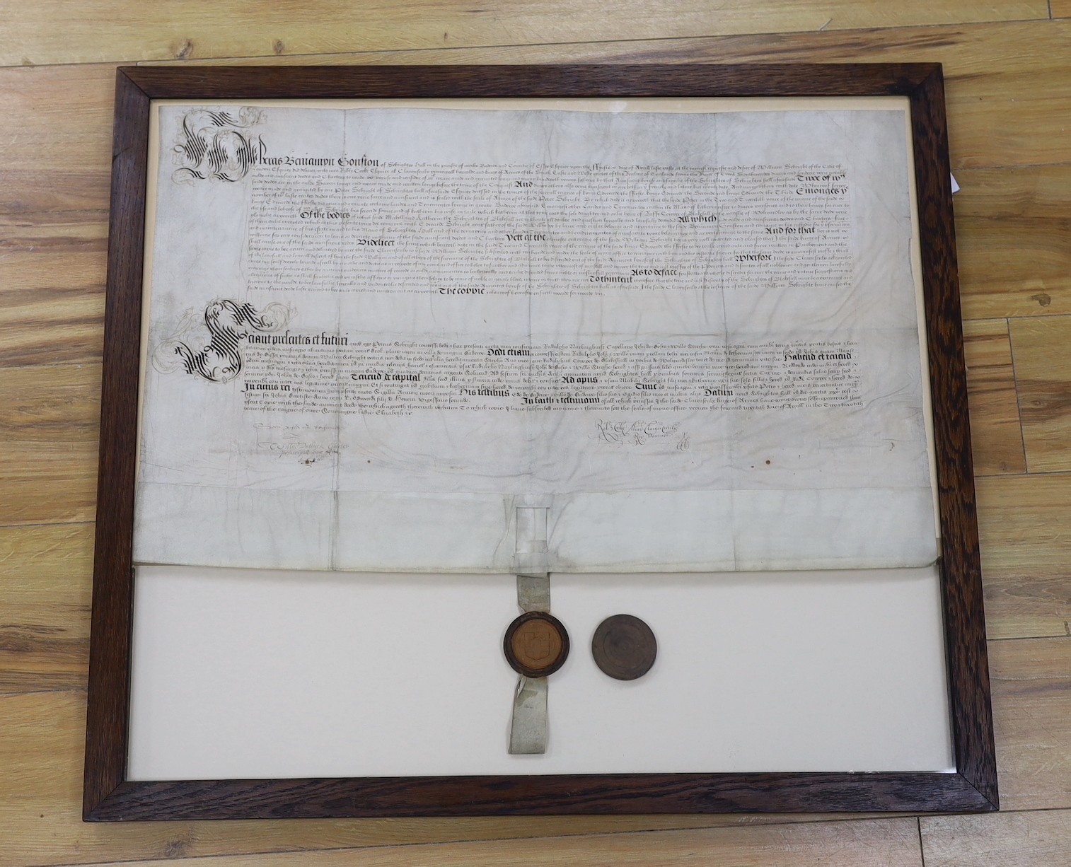 Two documents relating to a grant of arms to Edward Sebright of Blakeshall in Wolverley, Worcestershire, gentleman, April 1580